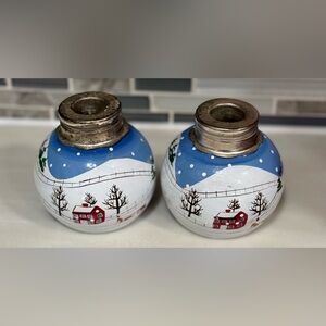2 Hand Painted Thick Glass Folk Art Winter Farm Scene Candle Holders